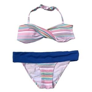NEW - PEZ D'OR Maternity Pink, Yellow, Blue Striped Twist Top Bikini Set Size M